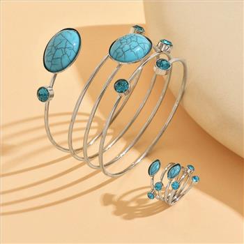 45.00ctw Turquoise & Blue Topaz  Bracelet & Ring Set 18K Gold Overlay