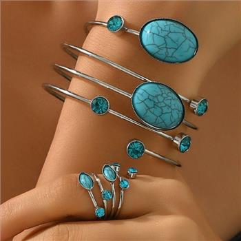 45.00ctw Turquoise & Blue Topaz  Bracelet & Ring Set 18K Gold Overlay