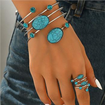 45.00ctw Turquoise & Blue Topaz  Bracelet & Ring Set 18K Gold Overlay