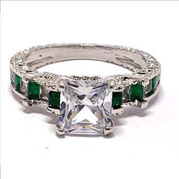 4.50ctw Emerald & Cubic Zirconia 18k White Gold Overlay Bridal Engagement Ring