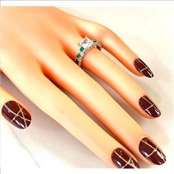 4.50ctw Emerald & Cubic Zirconia 18k White Gold Overlay Bridal Engagement Ring