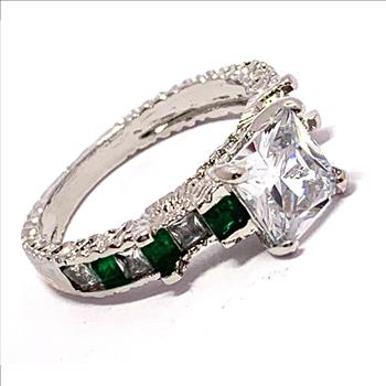 4.50ctw Emerald & Cubic Zirconia 18k White Gold Overlay Bridal Engagement Ring