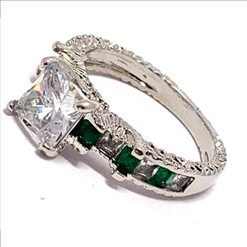 4.50ctw Emerald & Cubic Zirconia 18k White Gold Overlay Bridal Engagement Ring