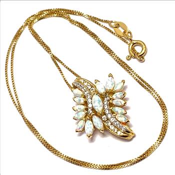 $479 Natural Opal Necklace.925 Sterling Silver 18K Yellow Gold Ovr