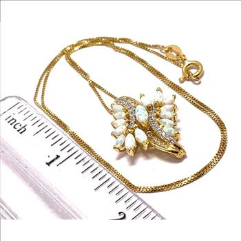 $479 Natural Opal Necklace.925 Sterling Silver 18K Yellow Gold Ovr