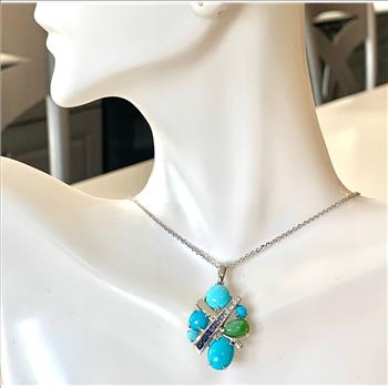 $550 COLORE SG Lorenzo 18K WG & .925 Sterling Silver 7.26ctw Genuine Turquoise & Multicolor Stones Necklace
