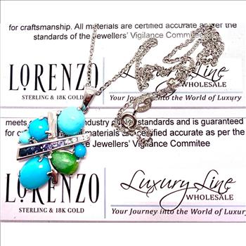 $550 COLORE SG Lorenzo 18K WG & .925 Sterling Silver 7.26ctw Genuine Turquoise & Multicolor Stones Necklace
