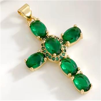 6..00ctw Emerald Cross Necklace 18 Yellow Gold Ovr.