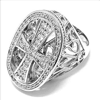 $650 Retail 1.50ctw Moissanite Large Custom Cross Design Ring in 18k WG & .925 Sterling Silver