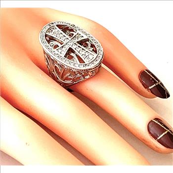 $650 Retail 1.50ctw Moissanite Large Custom Cross Design Ring in 18k WG & .925 Sterling Silver
