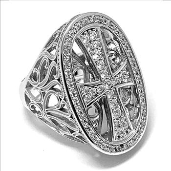 $650 Retail 1.50ctw Moissanite Large Custom Cross Design Ring in 18k WG & .925 Sterling Silver