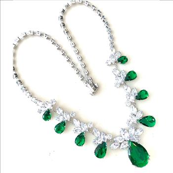 71.00ctw Emerald & CZ 18k White Gold Ovr Statement Necklace 18