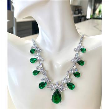 71.00ctw Emerald & CZ 18k White Gold Ovr Statement Necklace 18