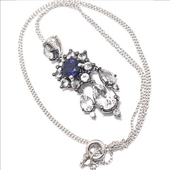 $72 Colore SG Lorenzo .925 Sterling Silver & 18kWG Sapphire & Diamonique Diamond Lavalier  Necklace