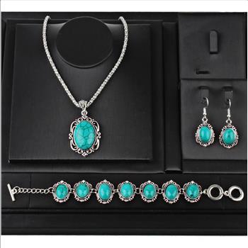 75.00ctw Turquoise Necklace, Bracelet & Earrings Set 18K Gold Overlay
