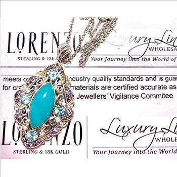 $795 COLORE SG Lorenzo 18K WG & .925 Sterling Silver 4.19ctw Genuine Turquoise & Blue Topaz Necklace