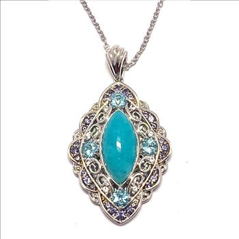 $795 COLORE SG Lorenzo 18K WG & .925 Sterling Silver 4.19ctw Genuine Turquoise & Blue Topaz Necklace