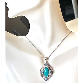$795 COLORE SG Lorenzo 18K WG & .925 Sterling Silver 4.19ctw Genuine Turquoise & Blue Topaz Necklace