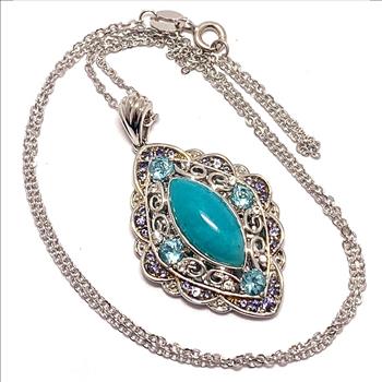 $795 COLORE SG Lorenzo 18K WG & .925 Sterling Silver 4.19ctw Genuine Turquoise & Blue Topaz Necklace