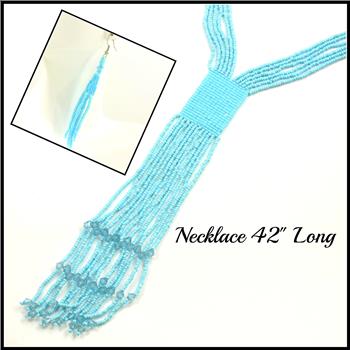 Beaded Blue Multi String Necklace & Earrings Set