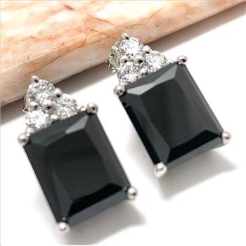 .925 Sterling Silver & 14k White Gold 12.00 ctw Black Spinel & 0.60ctw White Topaz Stud Earrings