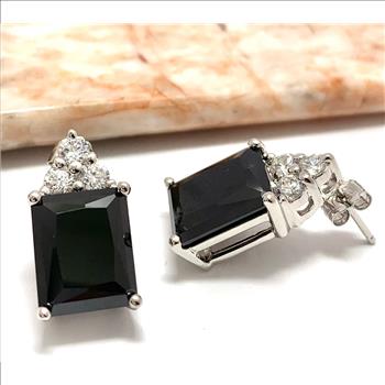 .925 Sterling Silver & 14k White Gold 12.00 ctw Black Spinel & 0.60ctw White Topaz Stud Earrings