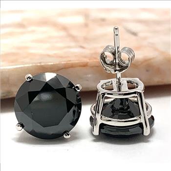 .925 Sterling Silver & 14k Whi.te Gold  15.00 ctw Vivid Black Spinel Stud Earrings