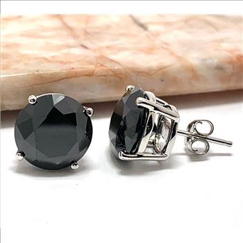.925 Sterling Silver & 14k Whi.te Gold  15.00 ctw Vivid Black Spinel Stud Earrings