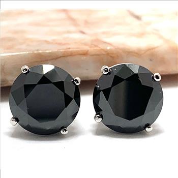 .925 Sterling Silver & 14k Whi.te Gold  15.00 ctw Vivid Black Spinel Stud Earrings