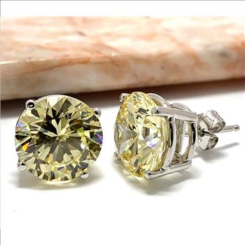 .925 Sterling Silver & 14k White Gold  15.00 ctw Vivid Yellow Topaz Stud Earrings