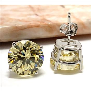 .925 Sterling Silver & 14k White Gold  15.00 ctw Vivid Yellow Topaz Stud Earrings