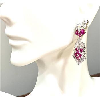 .925 Sterling Silver & 18k Gold Ovr 5.00ctw Ruby & Daimonique Diamond Dangle Earrings