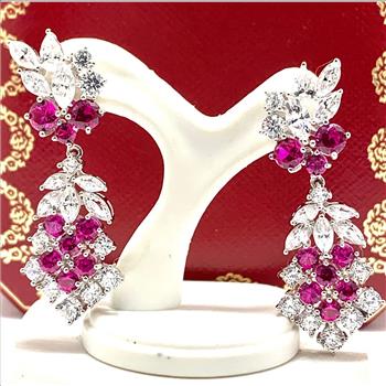 .925 Sterling Silver & 18k Gold Ovr 5.00ctw Ruby & Daimonique Diamond Dangle Earrings