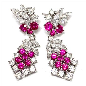 .925 Sterling Silver & 18k Gold Ovr 5.00ctw Ruby & Daimonique Diamond Dangle Earrings