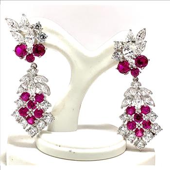 .925 Sterling Silver & 18k Gold Ovr 5.00ctw Ruby & Daimonique Diamond Dangle Earrings