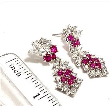 .925 Sterling Silver & 18k Gold Ovr 5.00ctw Ruby & Daimonique Diamond Dangle Earrings