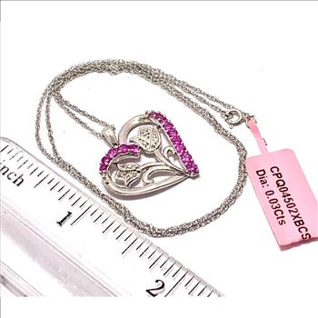 .925 Sterling Silver & 18k WG   0.03ctw Genuine Diamond & 0.50ctw Pink Topaz Heart Necklace