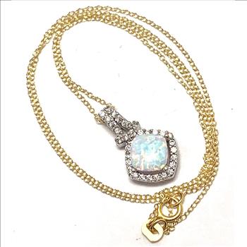 .925 Sterling Silver & 18k Yellow Gold 1.75ctw Opal & Diamonique Diamond Necklace