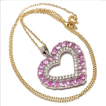 .925 Sterling Silver & 18k Yellow Gold 4.00ctw Pink Topaz & Diamonique Diamond Heart Necklace