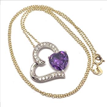 .925 Sterling Silver & 18k Yellow Gold  6.60ctw Amethyst & Diamonique Diamond Heart Necklace
