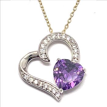 .925 Sterling Silver & 18k Yellow Gold  6.60ctw Amethyst & Diamonique Diamond Heart Necklace