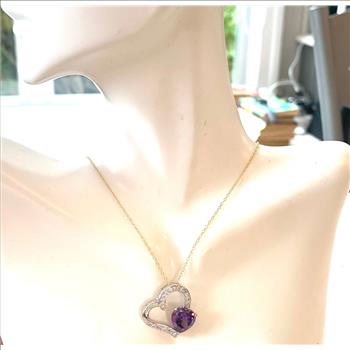 .925 Sterling Silver & 18k Yellow Gold  6.60ctw Amethyst & Diamonique Diamond Heart Necklace