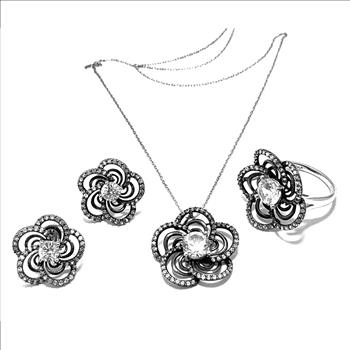 .925 Sterling Silver Antique Design 7.75ctw Diamonique Diamond Set of Ring, Earrings & Necklace
