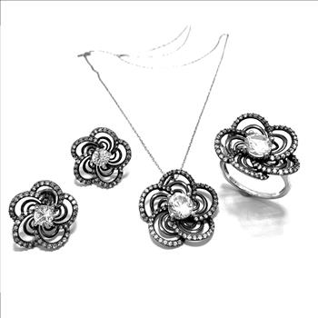 .925 Sterling Silver Antique Design 7.75ctw Diamonique Diamond Set of Ring, Earrings & Necklace