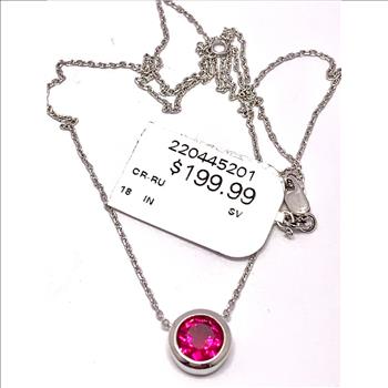 925 Sterling Silver Bezel Set Solitaire Ruby Necklace $199 Retail