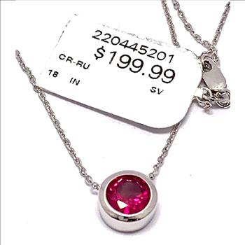 925 Sterling Silver Bezel Set Solitaire Ruby Necklace $199 Retail