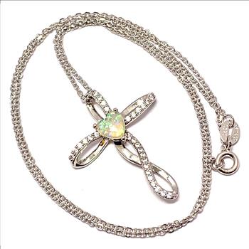 .925 Sterling Silver Chain 1.00ctw Opal  & Diamonique Diamond Cross Necklace