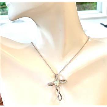 .925 Sterling Silver Chain 1.00ctw Opal  & Diamonique Diamond Cross Necklace