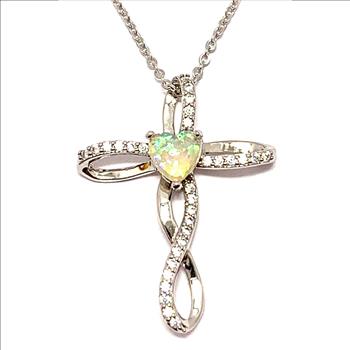 .925 Sterling Silver Chain 1.00ctw Opal  & Diamonique Diamond Cross Necklace