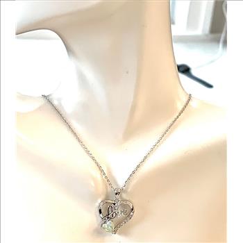 .925 Sterling Silver Chain 1.25ctw Opal & Diamonique Diamond LOVE Heart Necklace